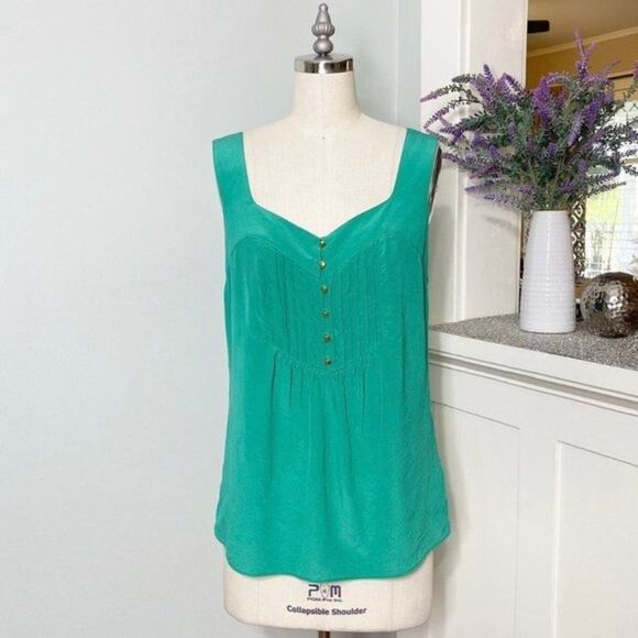Banana Republic Silk Pleated Tank Top Green Blouse 6 Small - Picture 2 of 9